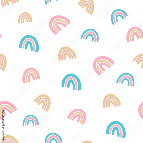 Pink and Blue Rainbow Seamless Pattern, Scandinavian Cute Doodle Childish Background for Nursery Interior or Fabric Textile and Baby Shower