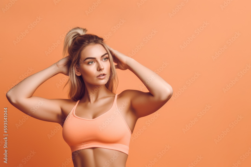 Obraz premium Building a Better Body: Athletic Girl Performing Fitness Poses on Pastel Orange Background with space for Text. Copy space. Health and Exercise Concept AI Generative