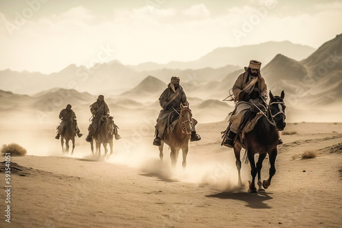 Illustration of riders in the desert. Bedouin or Arabian people. Created with Generative AI technology.