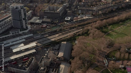 Aerial slider shot of Finsbury park train station North London photo