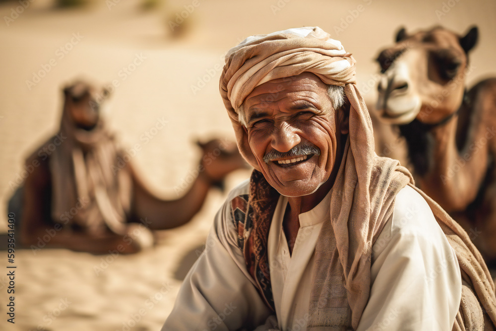 A portrait of a smiling old Muslim with camels in background. Created with Generative AI technology.