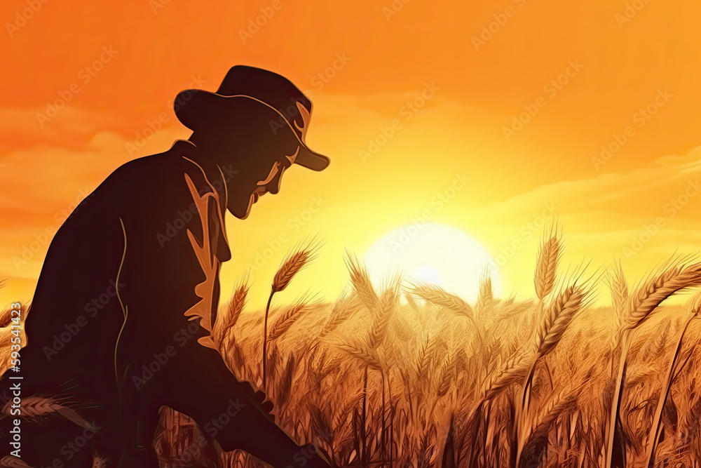 Harvesting at Sunset: Farmers Collecting Grain. Generative Ai.