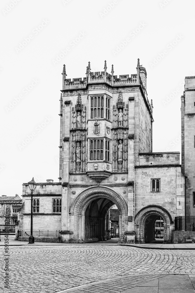 Bristol, England, UK: Abbot's Gatehouse, medieval building located next to the Cathedral of Bristol in black and white