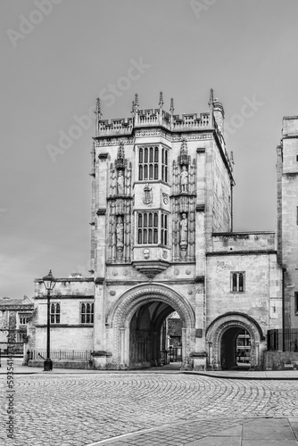 Bristol, England, UK: Abbot's Gatehouse, medieval building located next to the Cathedral of Bristol in black and white