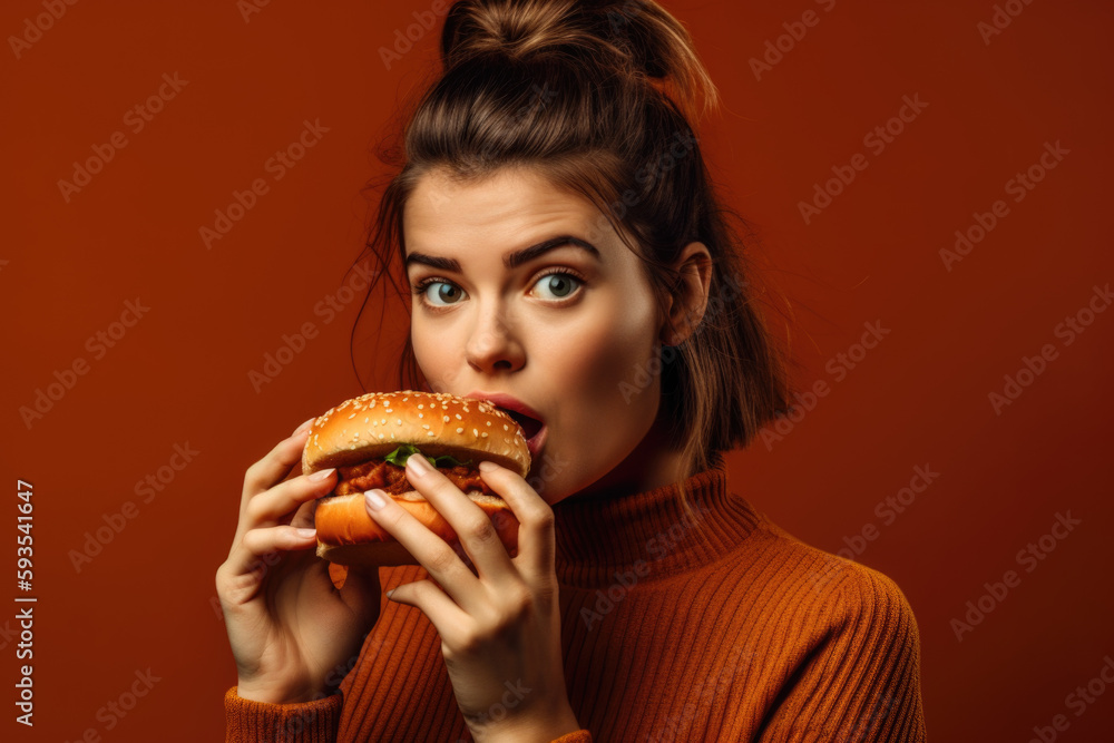 Fast Food Cravings: Girl indulging in a hamburger isolated on terracotta background with space for text. Copy space. Junk food concept AI Generative Fast Food Cravings: Girl indulging in a hamburger isolated on terracotta background with space for text. Copy space. Junk food concept AI Generative