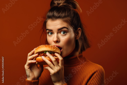 Fast Food Cravings  Girl indulging in a hamburger isolated on terracotta background with space for text. Copy space. Junk food concept AI Generative