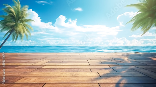 Wooden boards on the beach near the ocean, generative AI.