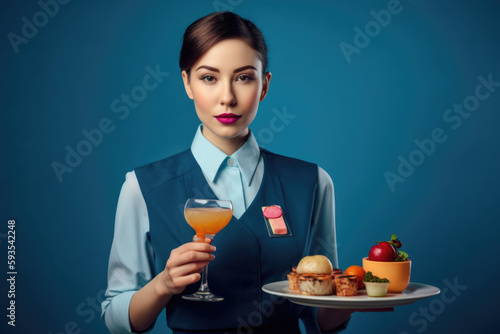 In-Flight Drink Service: Air Hostess Holding a Drink and a Meal on Pastel Blue Background with Space for Text. Copy Space. Customer service concept - AI Generative photo