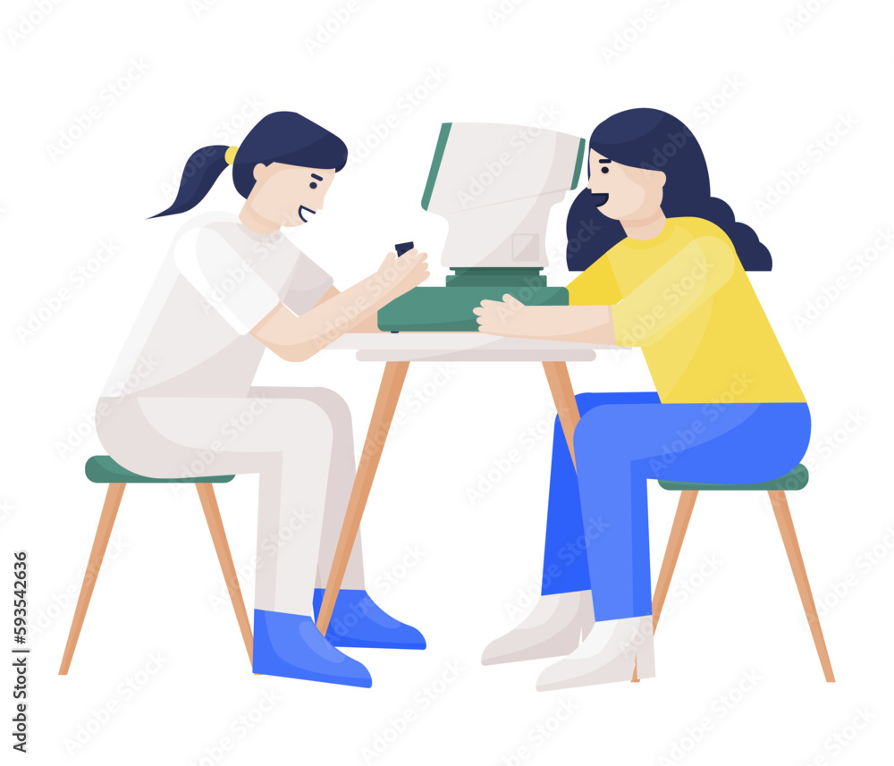 Female ophthalmologist examine the eyes of a female patient. Using eye analyzers, physiologic, visual function, ophthalmology diagnostics, vision correction concepts. Female ophthalmologist examine the eyes of a female patient. Using eye analyzers, physiologic, visual function, ophthalmology diagnostics, vision correction concepts.