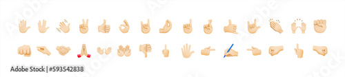 All hand emojis, stickers in all skin colors. Hand emoticons vector illustration symbols set, collection. Hands, handshakes, muscle, finger, fist, direction, like, unlike, fingers. Vector 10 eps.