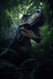 Tyrannosaurus REX hiding in the jungle foliage. Stunning illustration generated by Ai