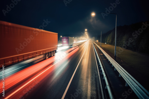 Modern commercial semi truck riding at the highway in the night, blurred in motion. Generative art