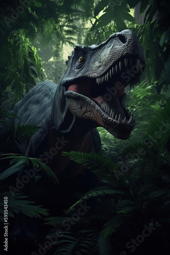 Tyrannosaurus REX hiding in the jungle foliage. Stunning illustration generated by Ai © Cheport
