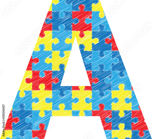 Letter A made of various puzzle pieces. Symbol of autism awareness month.