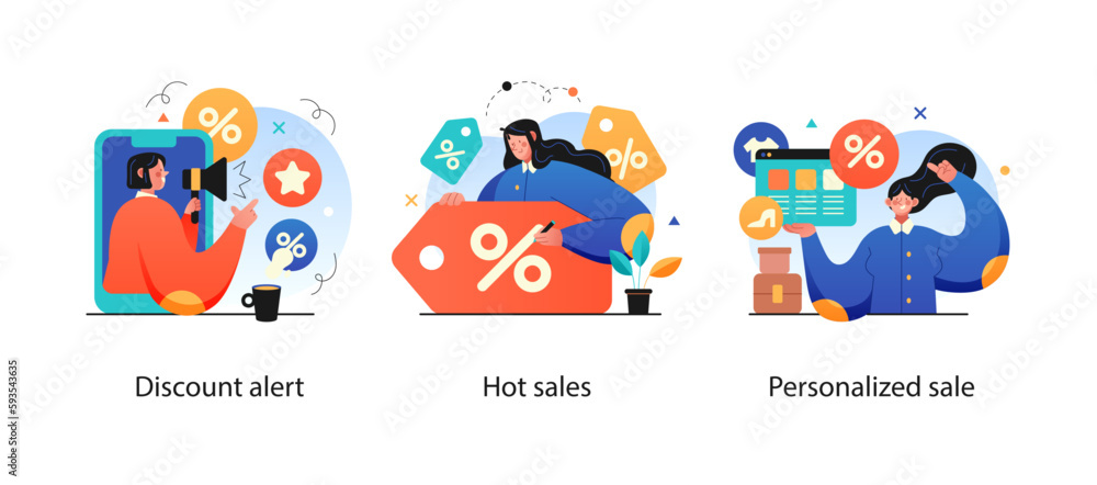 Online shopping and E-commerce concept set. Sale, orders, online payment, delivery, loyalty program. Online shopping and E-commerce concept set. Sale, orders, online payment, delivery, loyalty program.