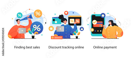 Online shopping and E-commerce concept set. Sale, orders, online payment, delivery, loyalty program.