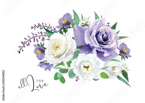 Vector, watercolor style purple, violet bouquet. Love greeting card template....