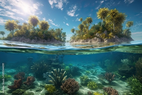 Above the water is a beautiful tropical island with large palm trees, under the water is a hyperdetailed tidepool and coral reef,gnerative ai.