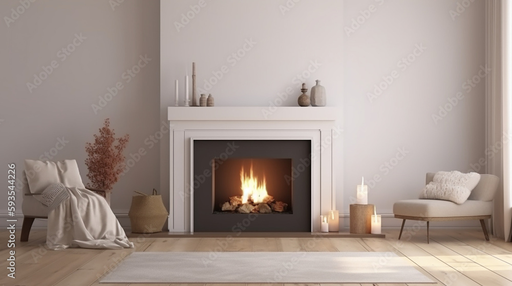 Mock up poster in modern home interior with fireplace, Scandinavian style, generative AI Mock up poster in modern home interior with fireplace, Scandinavian style, generative AI
