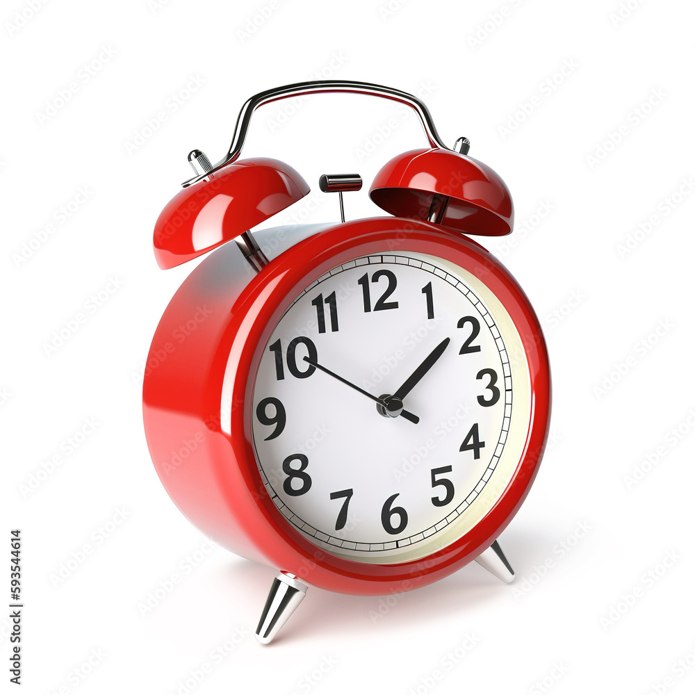 Red alarm clock 3d icon isolated on white background. Generative art Red alarm clock 3d icon isolated on white background. Generative art