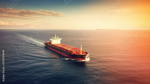 Aerial view of a cargo ship in the open sea at sunset. Ai generated photorealistic illustration 