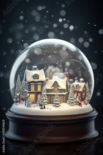 Beautiful snowcapped toy village inside of snow globe. Generative art