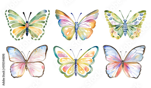 Vector hand drawn colorful set with pastel watercolor butterflies on white background