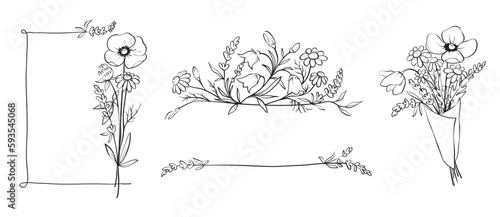 Frames from wildflowers. Sketch in lines  freehand drawing. Vector illustration  summer flowers borders.