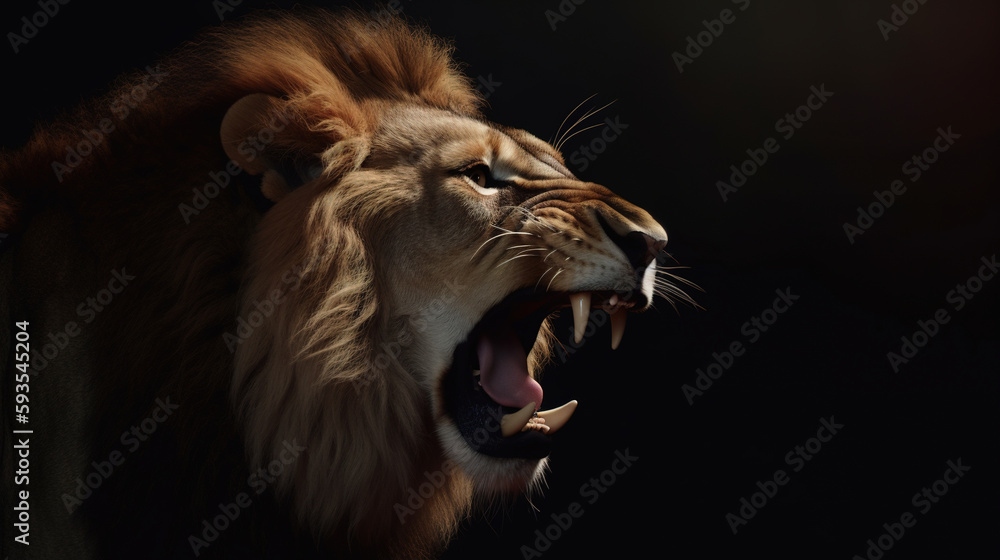 Grin of gorgeous lion. photorealistic portrait isolated on black background. Generative art