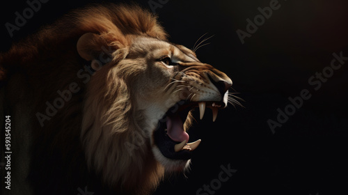 Grin of gorgeous lion. photorealistic portrait isolated on black background. Generative art