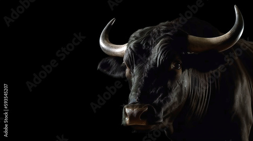 Majestic black bull. photorealistic portrait isolated on black background. Generative art