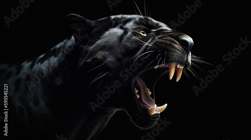 Majestic black panther roars. photorealistic portrait isolated on black background. Generative art