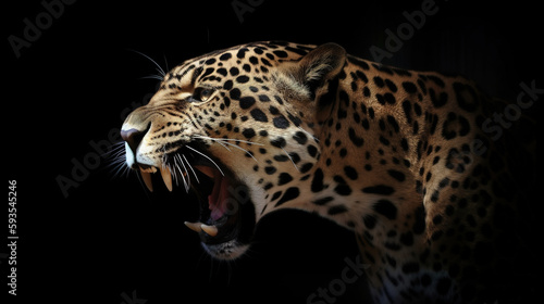 Majestic jaguar roars. photorealistic portrait isolated on black background. Generative art © Cheport