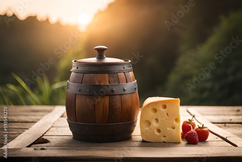 Cheese, milk and natural fruits on a wooden table, Generative AI