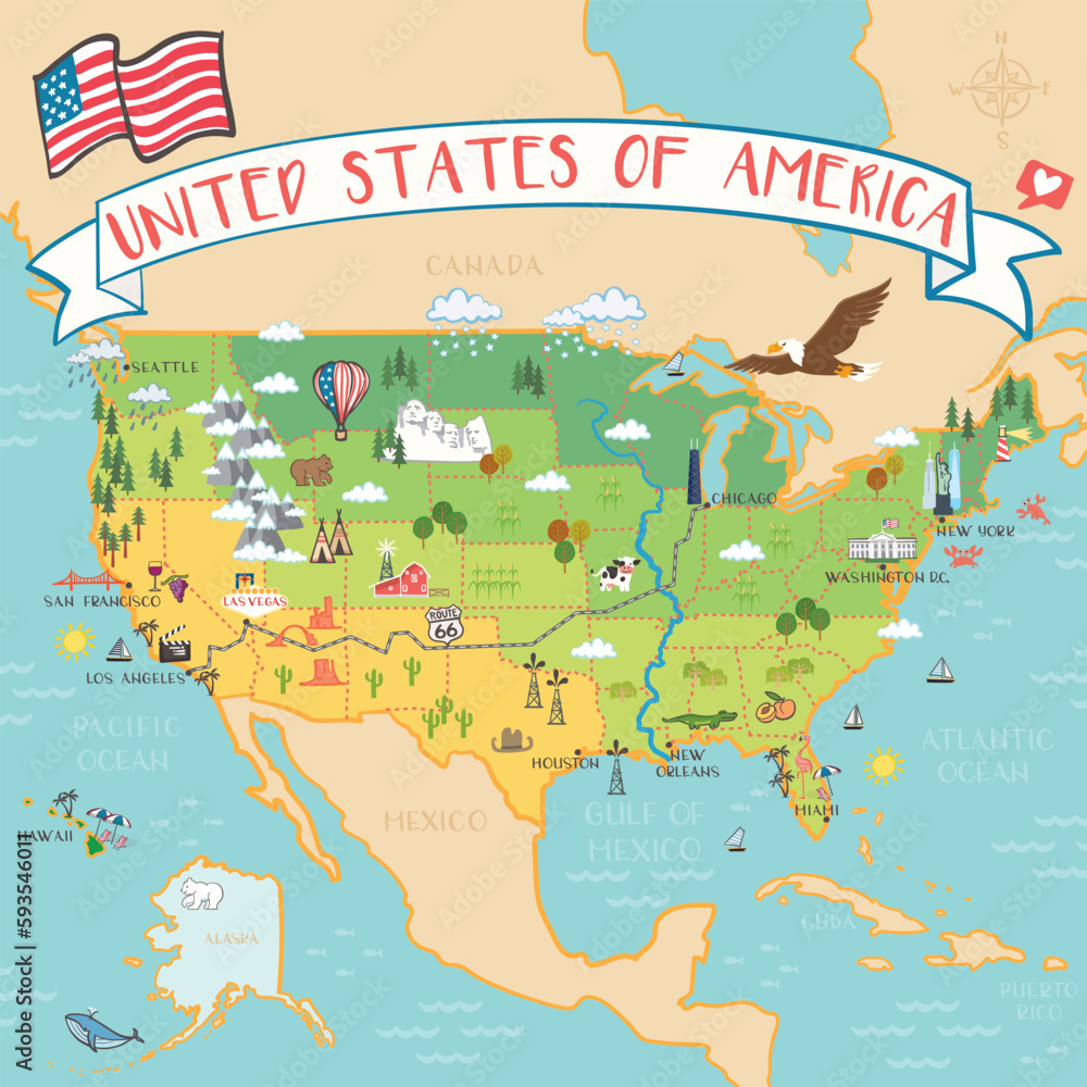USA - hand drawn illustration, map with landmarks Stock Vector | Adobe ...