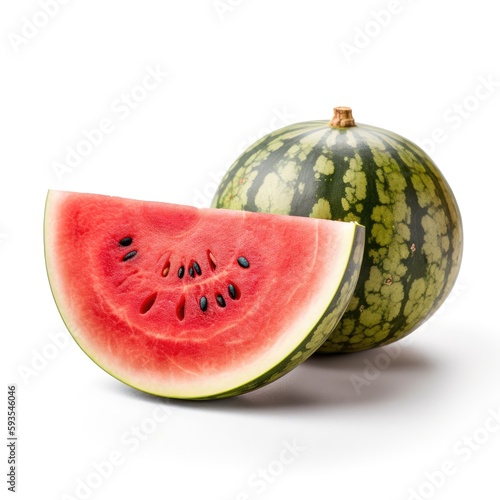 Organic ripe raw fresh whole watermelon and big slice on white background Generative AI Illustration