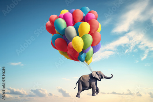 A surreal and magical scene featuring an elephant floating with balloons above a glade full of flowers and grass. This playful and creative image is AI Generative.