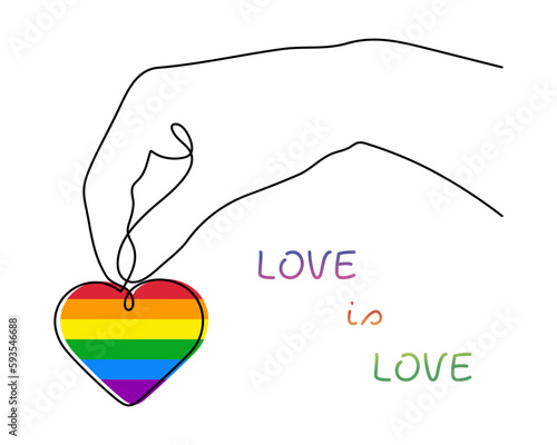 Hand with LGBT heart flag rainbow one line art,hand drawn pride month decoration continuous contour.People's rights movement,diversity time outline design.Editable stroke.Isolated.Vector illustration