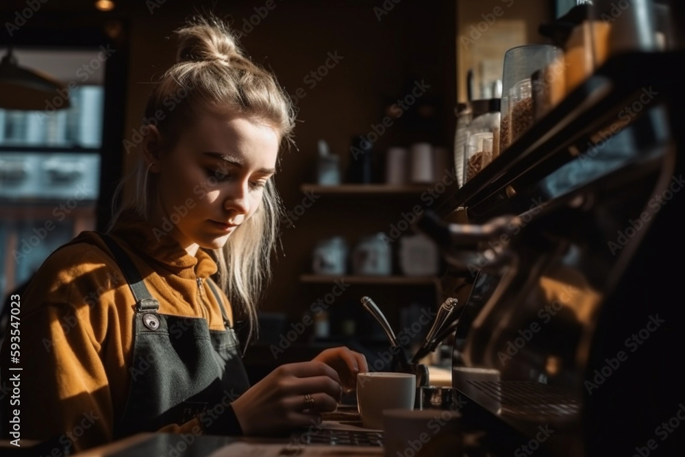 cafes; coffeemaker; barista; espresso; business; people; cafes; hot drink; cup; employee; working; men at work; prepare; cafeteria; preparation; bar; work; eatery; machine; grinder; caucasian; female
