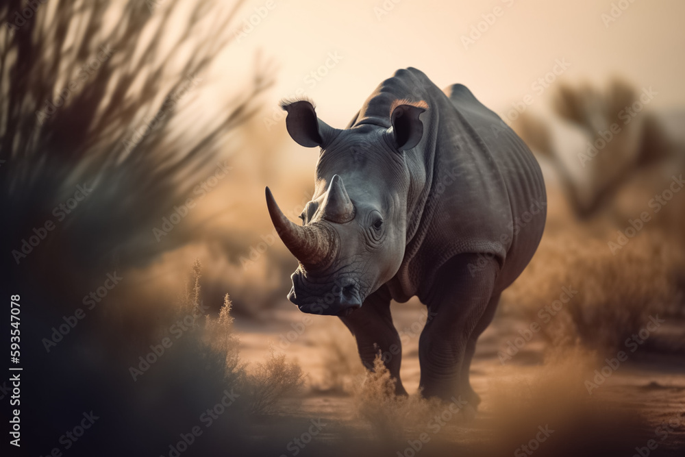 Rhino stands in the grass in the African savannah and looks at the