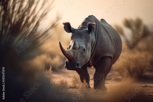 Rhino stands in the grass in the African savannah and looks at the camera. Endangered fauna of the African savannah. Generative AI