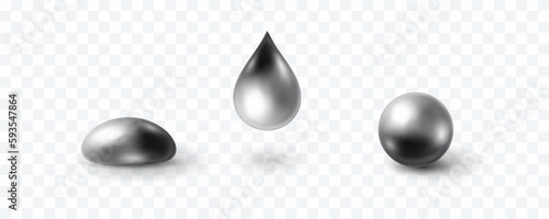 Chrome metal ball and droplet isolated on transparent background. Vector 3D mercury, liquid silver blob, steel sphere, metallic paint drop or glossy grey bubble with shadow