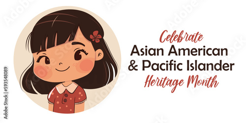 Asian American, Pacific Islander Heritage month vector banner with cute Asian American smiling girl. Greeting card, AAPI heritage
