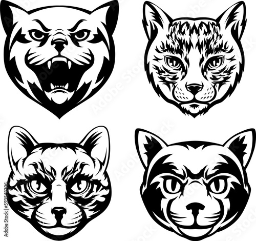 Heads of cats abstract character illustrations. Graphic logo design templates for emblem.