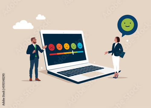 Emotions scale on laptop screen. Business people leave feedback online. Psychological test, control feelings, emoji set for mood tracker. Vector illustration