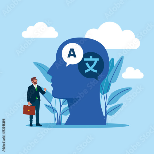 Global network and International exchange. People multi language communication. Online translator. Linguist. Flat vector illustration