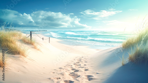 Sandy beach by the ocean, generative AI.
