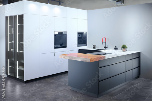 Upscale modern flat design loft kitchen with Induction cooker black glass hob with integrated hood or aspirating induction hob on marble light stoneware countertop panels with flower in vase and sink.