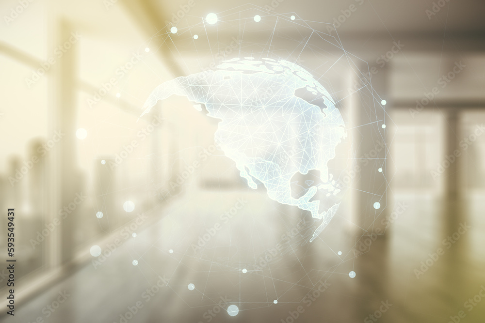 Digital map of North America hologram on modern interior background, global technology concept. Multiexposure Digital map of North America hologram on modern interior background, global technology concept. Multiexposure