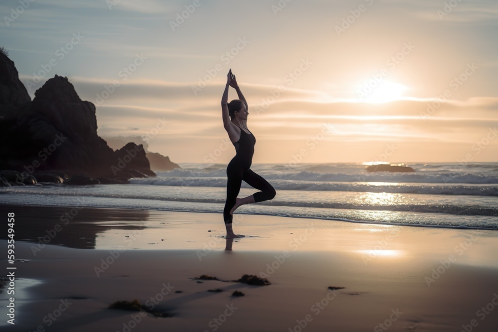 Natural Yoga Mastery: Well-Toned Model Engaging in Yoga Poses amidst Nature's Beauty, Generative AI